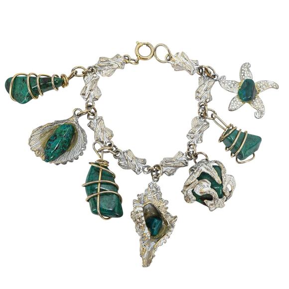 Ornate Figural Mid Century Charm Bracelet Nautical Style Shells Green Stones 7” - Picture 1 of 7